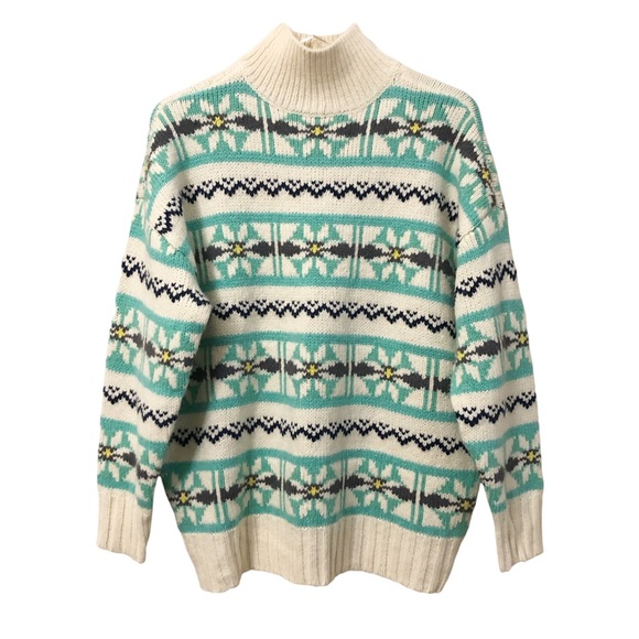 American Eagle | NEW Oversized Green Snowflake Fair Isle Mock Neck Sweater XS - Picture 1 of 9